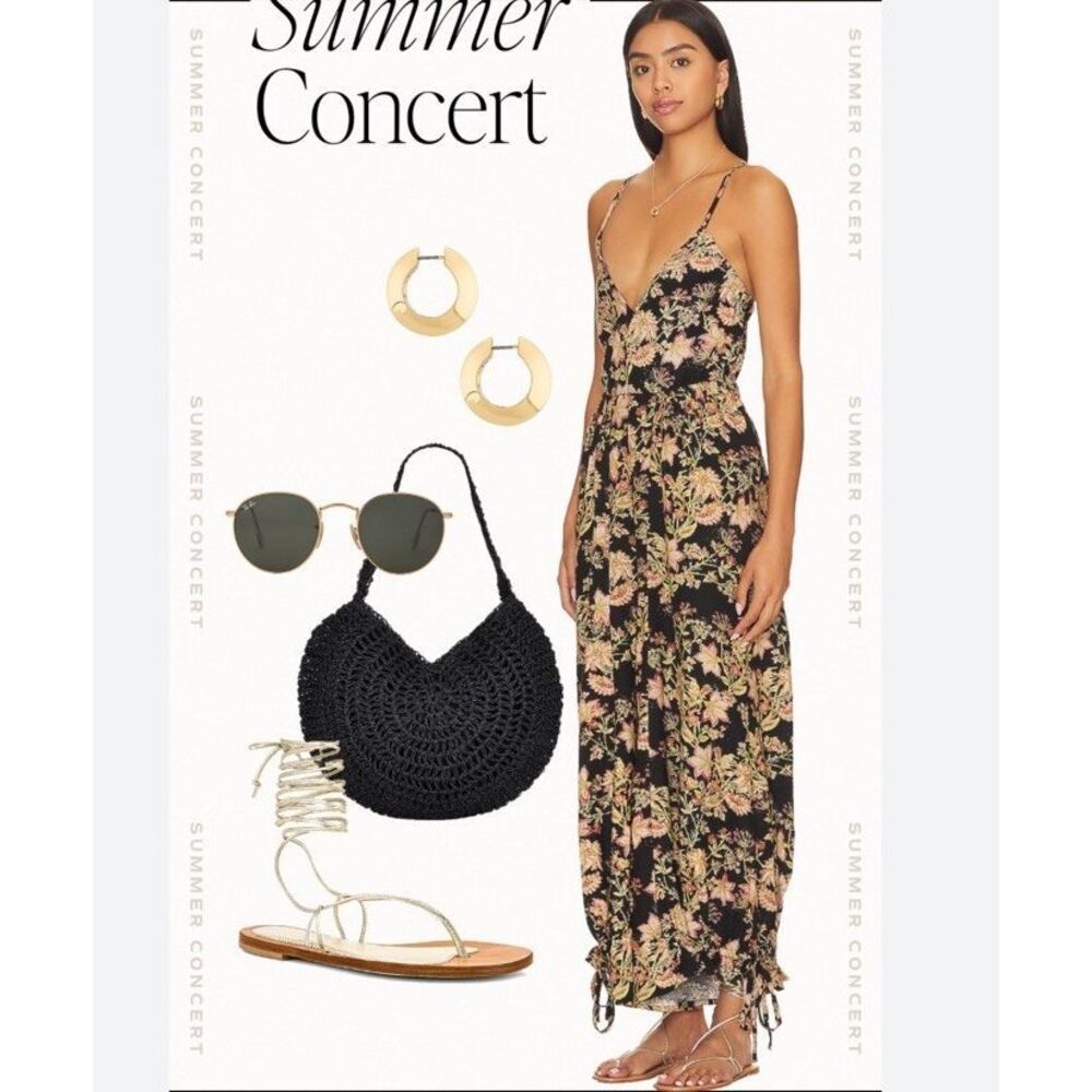 Free People Sz L Jumpsuit Black Brown Floral Rayon Cotton Linen Drawstring NWOT